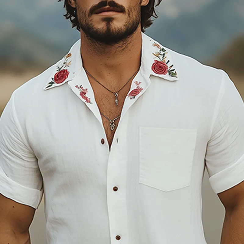 Men's Summer Fashion Casual Cotton and Linen Cuban Collar Rose Embroidered Short-sleeved Shirt MTA1829D4K sold by Manly product image thumbnail 4