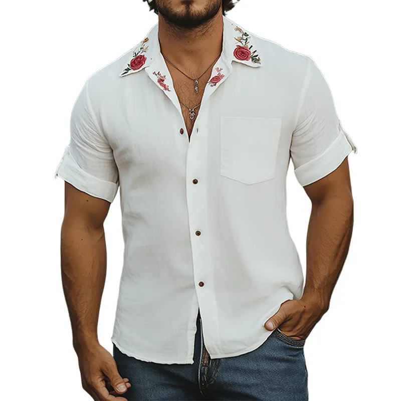 Men's Summer Fashion Casual Cotton and Linen Cuban Collar Rose Embroidered Short-sleeved Shirt MTA1829D4K sold by Manly