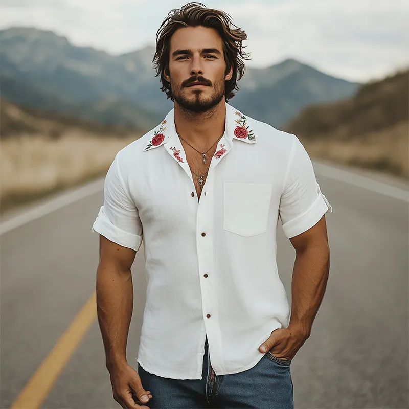 Men's Summer Fashion Casual Cotton and Linen Cuban Collar Rose Embroidered Short-sleeved Shirt MTA1829D4K sold by Manly product image thumbnail 3