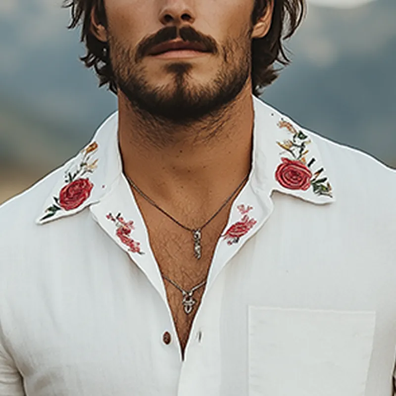 Men's Summer Fashion Casual Cotton and Linen Cuban Collar Rose Embroidered Short-sleeved Shirt MTA1829D4K sold by Manly product image thumbnail 5