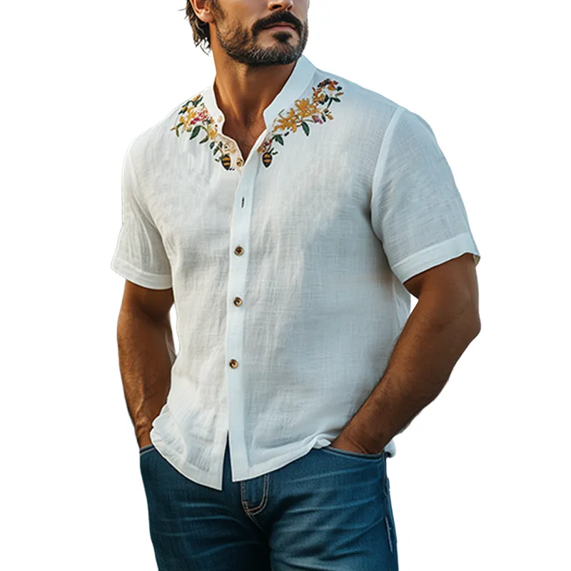 Men's Summer Casual Hawaiian Style Stand Collar Cotton and Linen Embroidered Short-sleeved Shirt MTA1853D0K sold by Manly