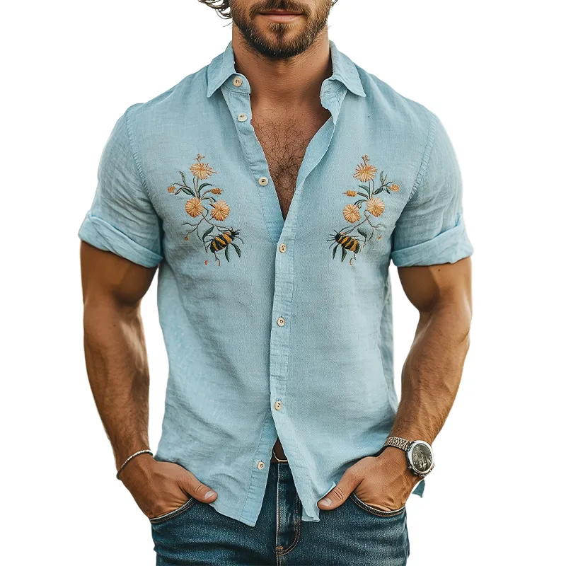 Men's Summer Fashion Casual Cotton and Linen Animal and Flower Embroidered Short Sleeve Shirt MTA1848D1K sold by Manly