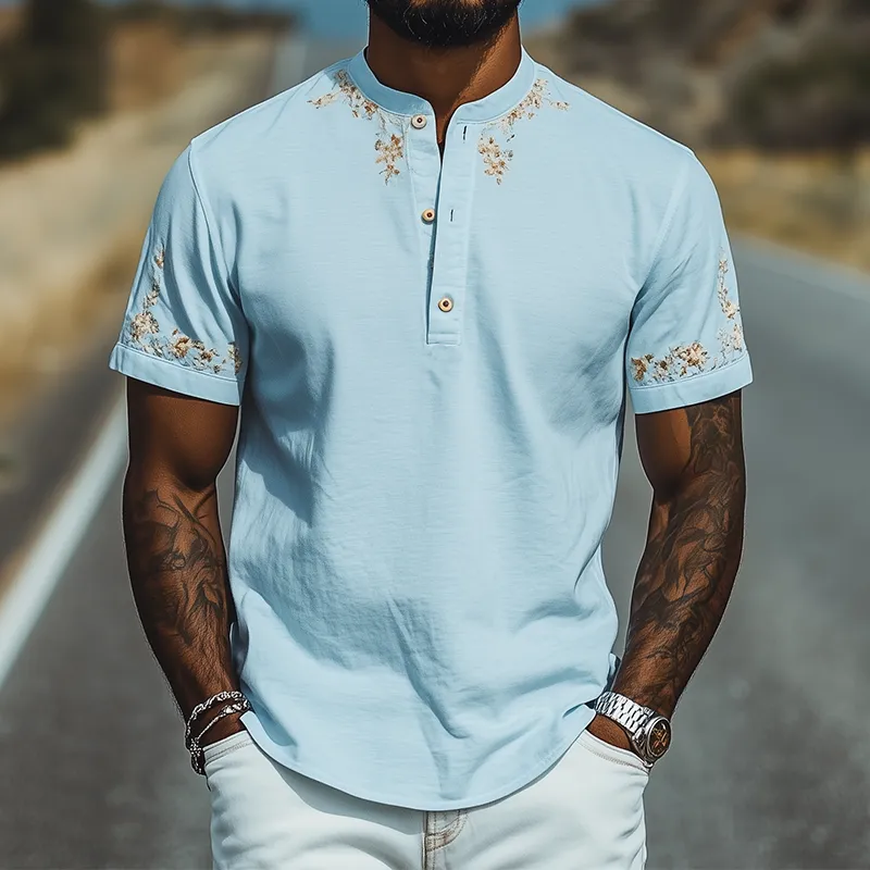 Men's Summer Fashion Casual Henley Collar Cotton Blend Osmanthus Embroidered Short Sleeve T-Shirt MTA1805D6K sold by Manly product image thumbnail 2