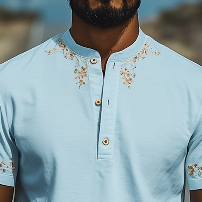 Men's Summer Fashion Casual Henley Collar Cotton Blend Osmanthus Embroidered Short Sleeve T-Shirt MTA1805D6K sold by Manly product image thumbnail 4