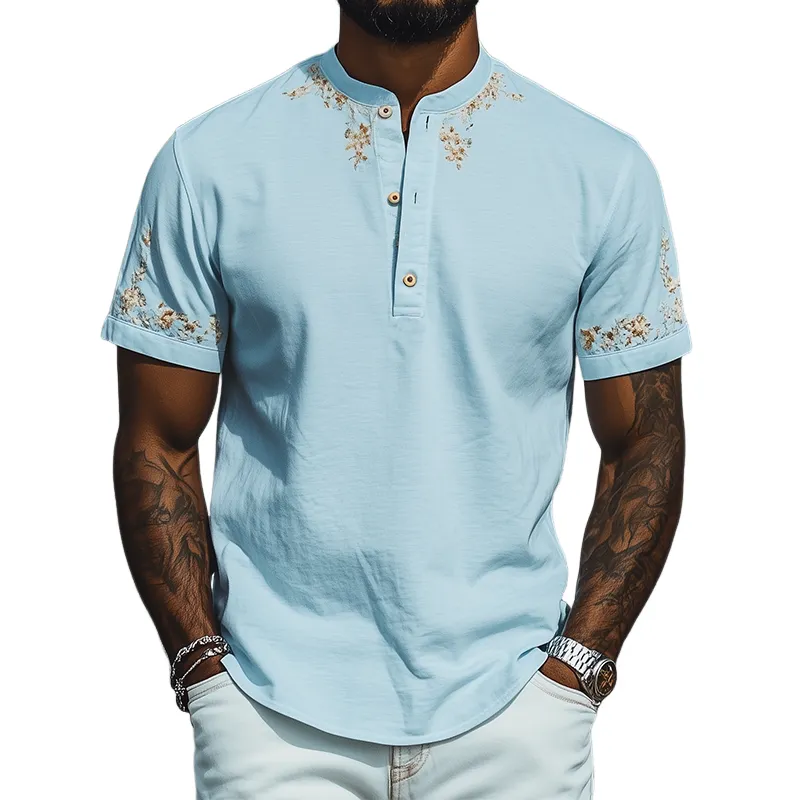 Men's Summer Fashion Casual Henley Collar Cotton Blend Osmanthus Embroidered Short Sleeve T-Shirt MTA1805D6K sold by Manly