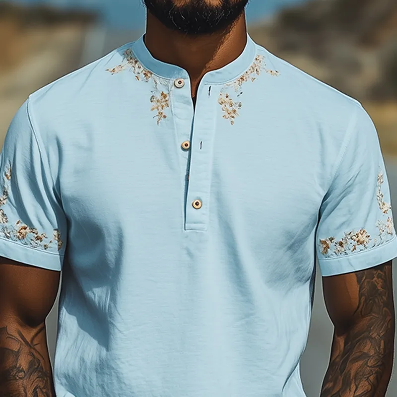 Men's Summer Fashion Casual Henley Collar Cotton Blend Osmanthus Embroidered Short Sleeve T-Shirt MTA1805D6K sold by Manly product image thumbnail 3
