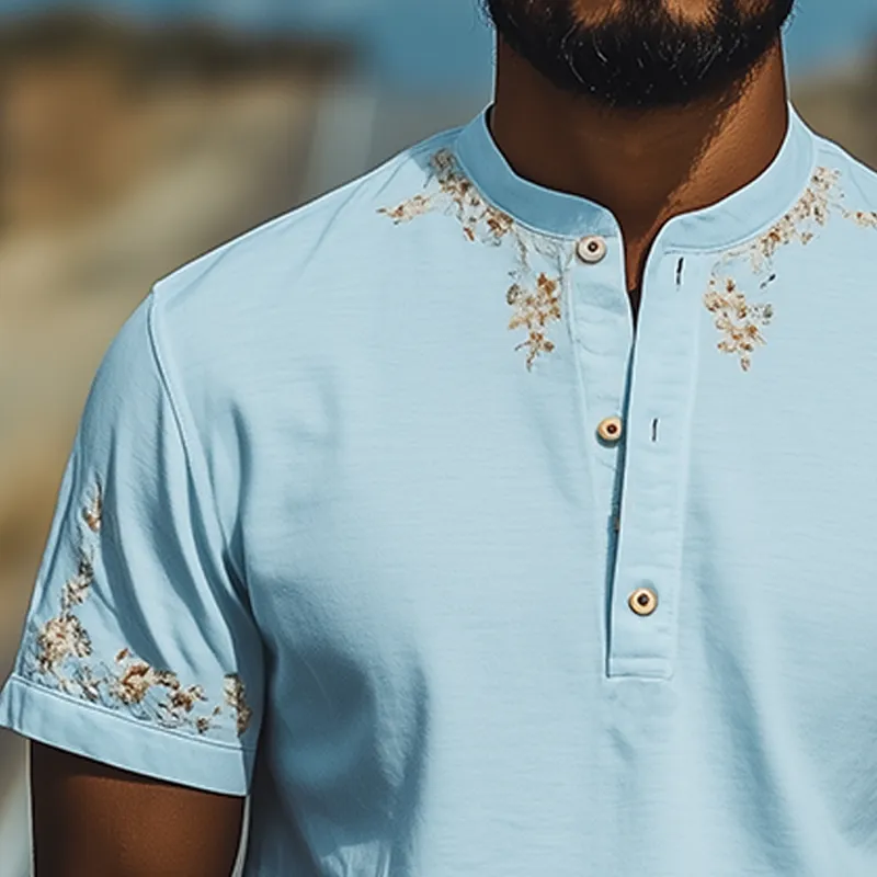 Men's Summer Fashion Casual Henley Collar Cotton Blend Osmanthus Embroidered Short Sleeve T-Shirt MTA1805D6K sold by Manly product image thumbnail 5