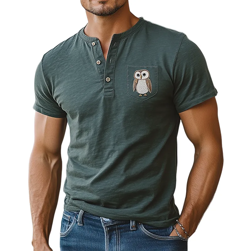 Men's Summer Casual Cotton Blend Slim Fit Henley Collar Pocket Animal Embroidery Short Sleeve T-Shirt MTA1829D8K sold by Manly