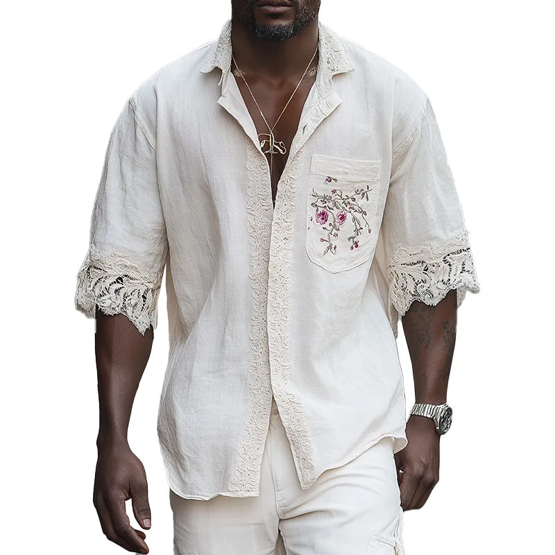 Men's Summer Fashion Retro Embroidered Lace Splicing Short Sleeve Shirt MTA1827D3P sold by Manly