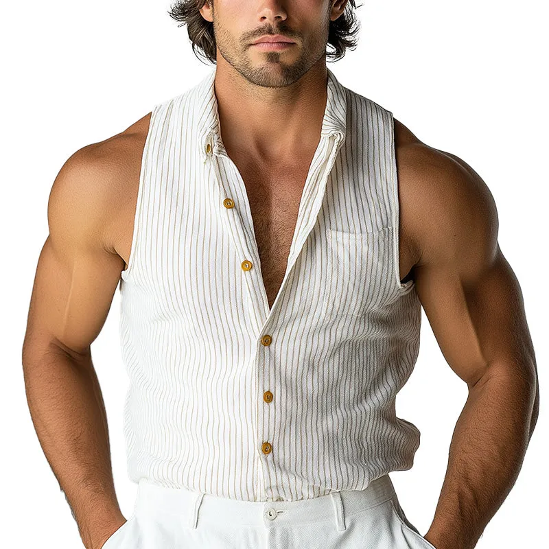 Men's Summer Fashion Cotton and Linen Striped Tank Top MTA1854D8P sold by Manly