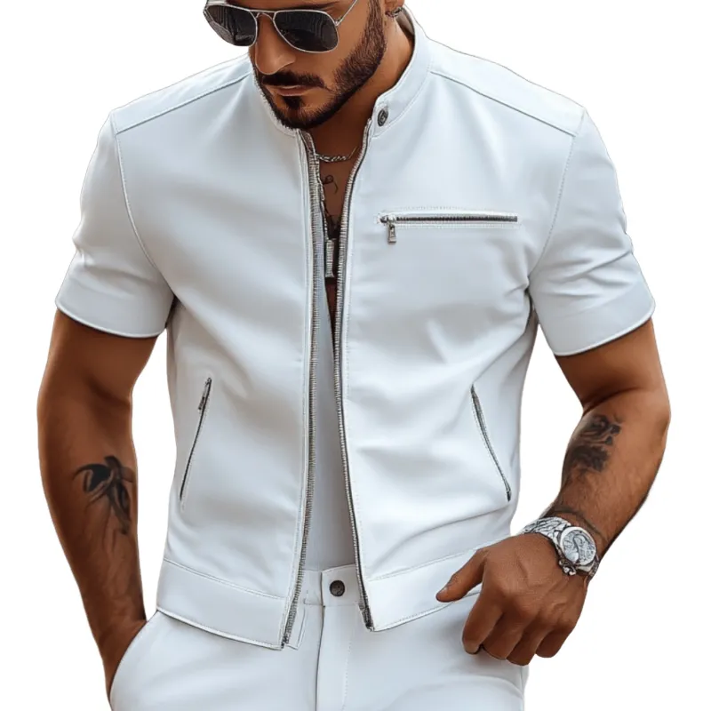 Men's Fashion Faux Leather Stand Collar Slim Fit Multi-Pocket Short Sleeve Shirt MTA1765D2M sold by Manly