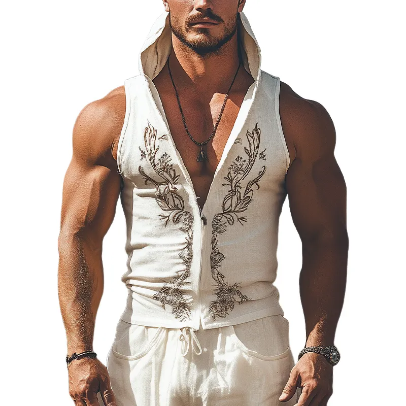 Men's Summer Fashion Western Style Cotton and Linen Embroidery Slim Fit Hooded Zipper Tank Top MTA1706D4K sold by Manly