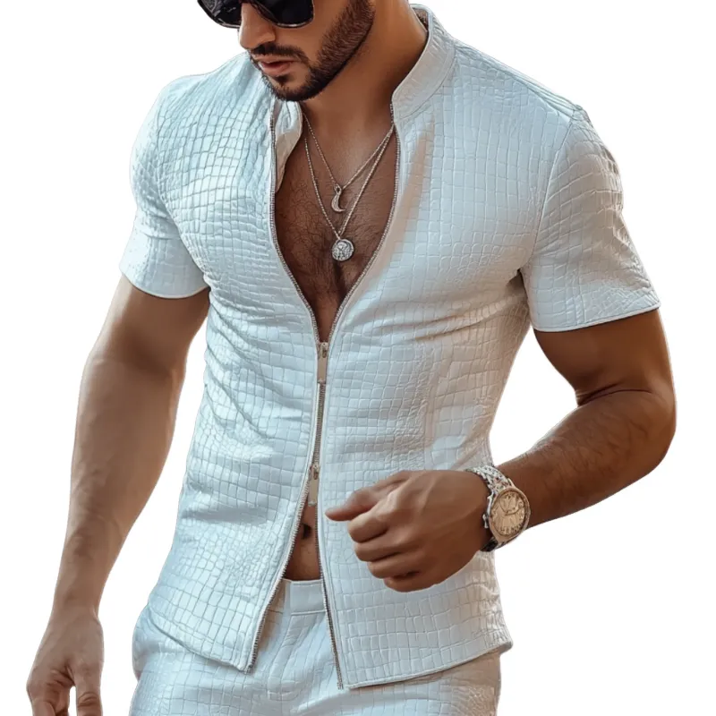 Men's Fashion Crocodile Pattern Faux Leather Stand Collar Slim Fit Short Sleeve Shirt MTA1730D9M sold by Manly