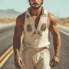 Men's Summer Fashion Retro Western Style Deep V Neck Cotton and Linen Embroidered Tank Top MTA1770D1K sold by Manly