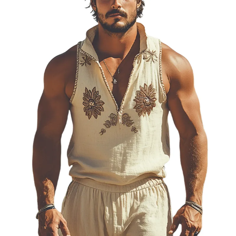 Men's Summer Fashion Retro Western Style Deep V Neck Cotton and Linen Embroidered Tank Top MTA1770D1K sold by Manly