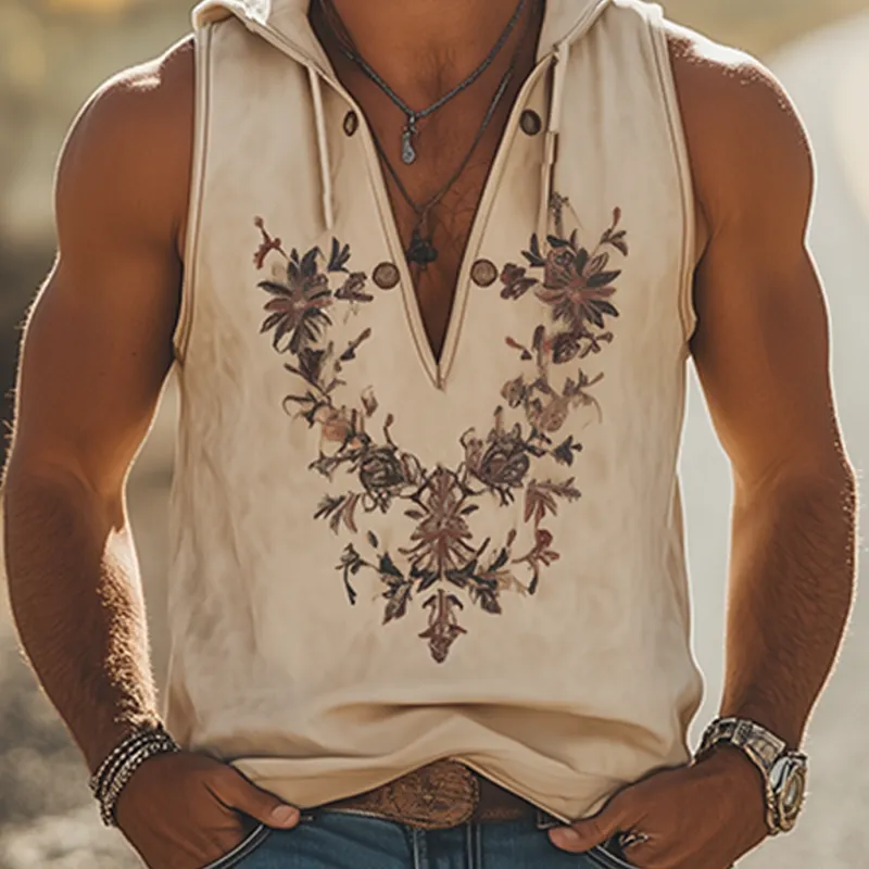 Men's Summer Casual Retro Western Style Deep V-Neck Hooded Suede Embroidered Tank Top MTA1643D6K sold by Manly product image thumbnail 4