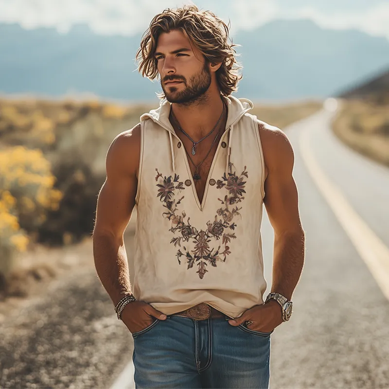 Men's Summer Casual Retro Western Style Deep V-Neck Hooded Suede Embroidered Tank Top MTA1643D6K sold by Manly product image thumbnail 3