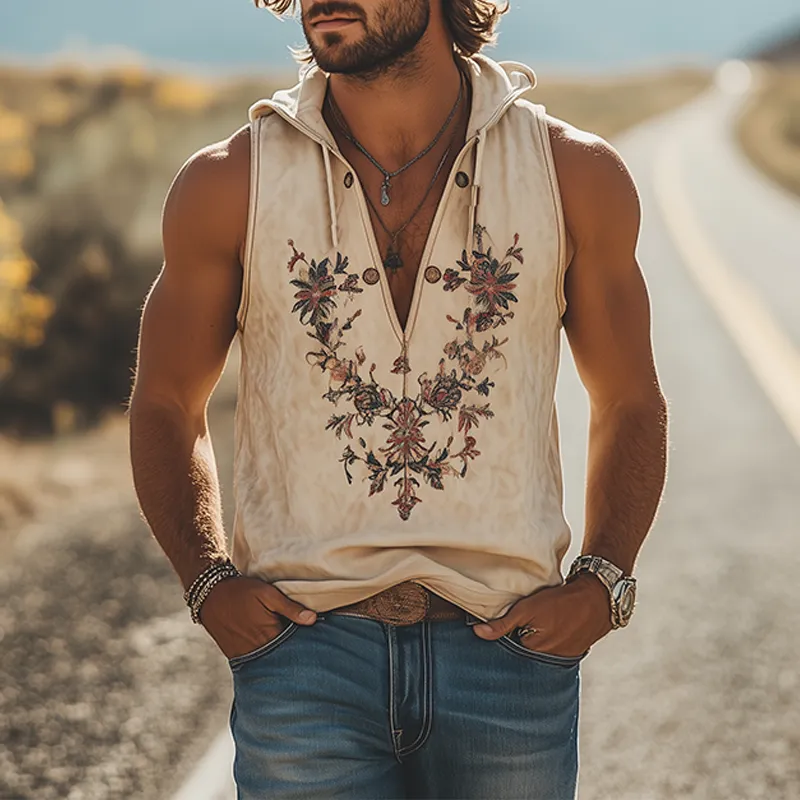 Men's Summer Casual Retro Western Style Deep V-Neck Hooded Suede Embroidered Tank Top MTA1643D6K sold by Manly product image thumbnail 2