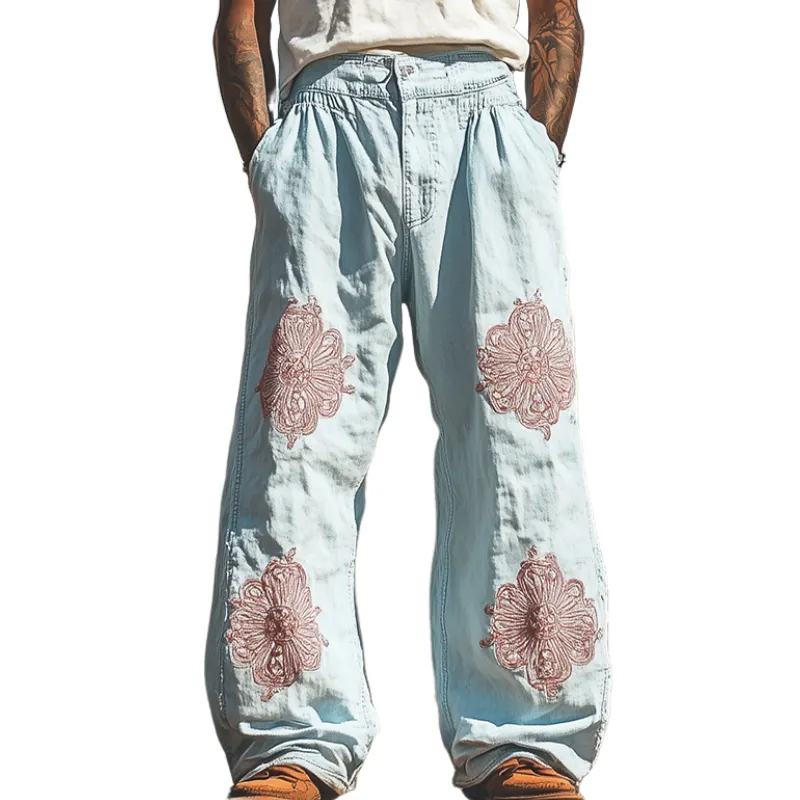 Men's Spring and Summer Fashion Casual Western Style Tencel Denim Embroidered Pants MTA1578D7K sold by Manly