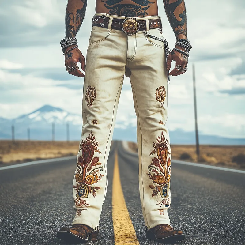 Men's Spring Fashion Retro Western Style Suede Embroidered Pants MTA1643D8K sold by Manly product image thumbnail 2