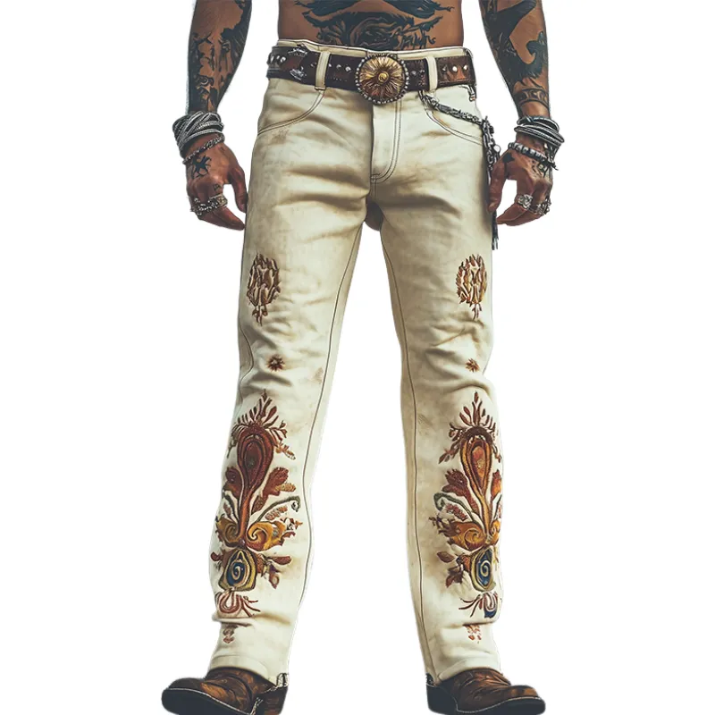 Men's Spring Fashion Retro Western Style Suede Embroidered Pants MTA1643D8K sold by Manly