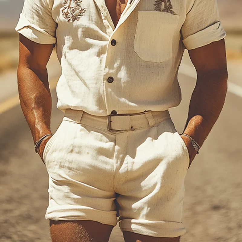 Men's Summer Fashion Casual Western Style Cotton and Linen Embroidered Shirt Shorts Set (Without Belt) MTA1723D4K sold by Manly product image thumbnail 5