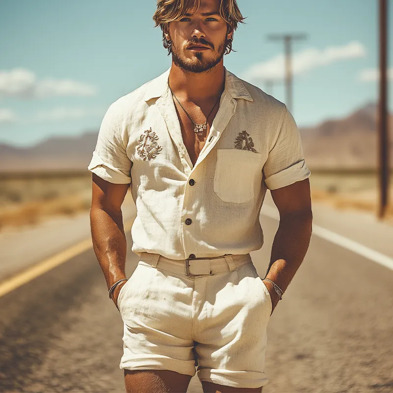 Men's Summer Fashion Casual Western Style Cotton and Linen Embroidered Shirt Shorts Set (Without Belt) MTA1723D4K sold by Manly product image thumbnail 3