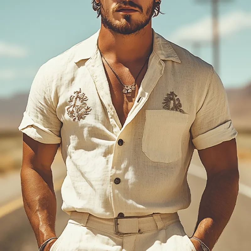 Men's Summer Fashion Casual Western Style Cotton and Linen Embroidered Shirt Shorts Set (Without Belt) MTA1723D4K sold by Manly product image thumbnail 4