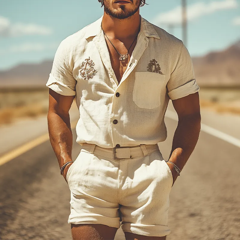 Men's Summer Fashion Casual Western Style Cotton and Linen Embroidered Shirt Shorts Set (Without Belt) MTA1723D4K sold by Manly product image thumbnail 2