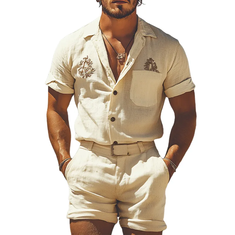 Men's Summer Fashion Casual Western Style Cotton and Linen Embroidered Shirt Shorts Set (Without Belt) MTA1723D4K sold by Manly