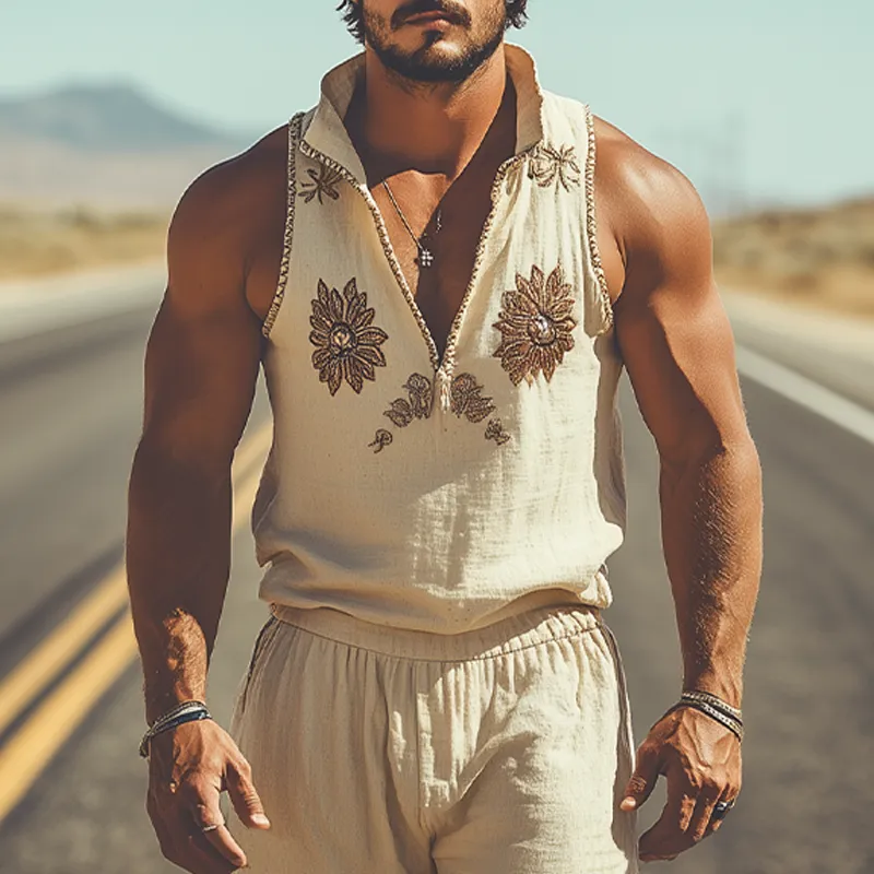 Men's Summer Fashion Western Style Cotton and Linen Stand Collar Embroidered Vest Elastic Waist Shorts Set MTA1795D7K sold by Manly product image thumbnail 3