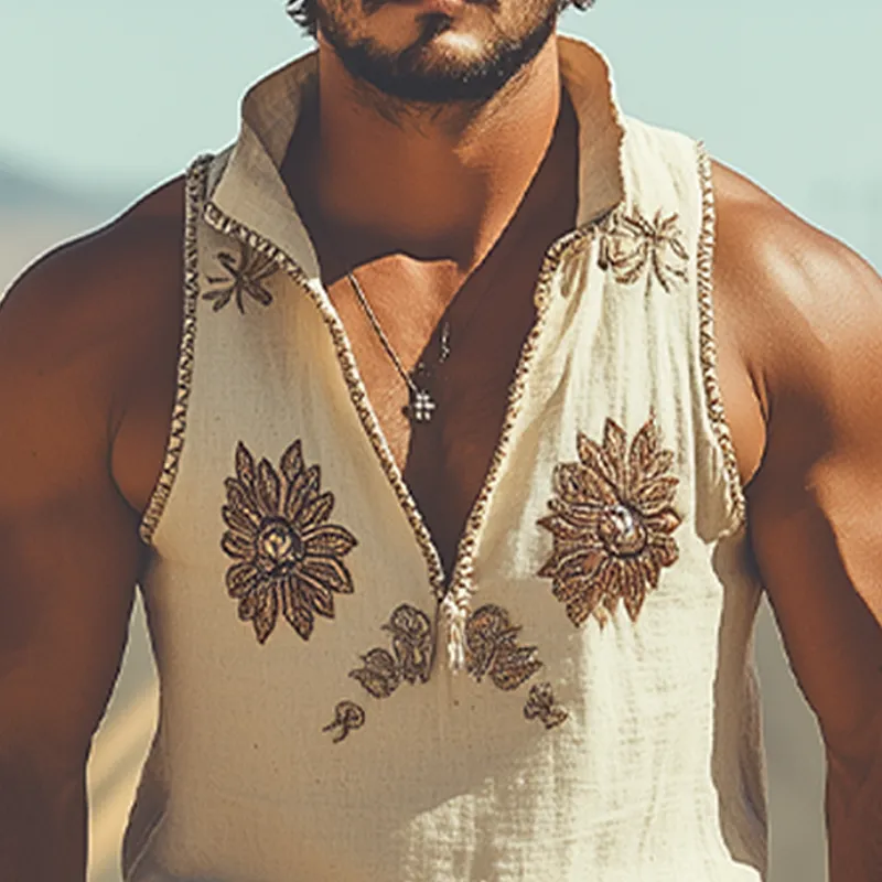 Men's Summer Fashion Western Style Cotton and Linen Stand Collar Embroidered Vest Elastic Waist Shorts Set MTA1795D7K sold by Manly product image thumbnail 4
