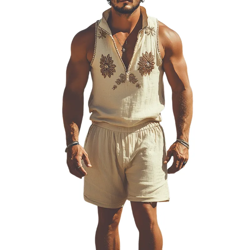 Men's Summer Fashion Western Style Cotton and Linen Stand Collar Embroidered Vest Elastic Waist Shorts Set MTA1795D7K sold by Manly