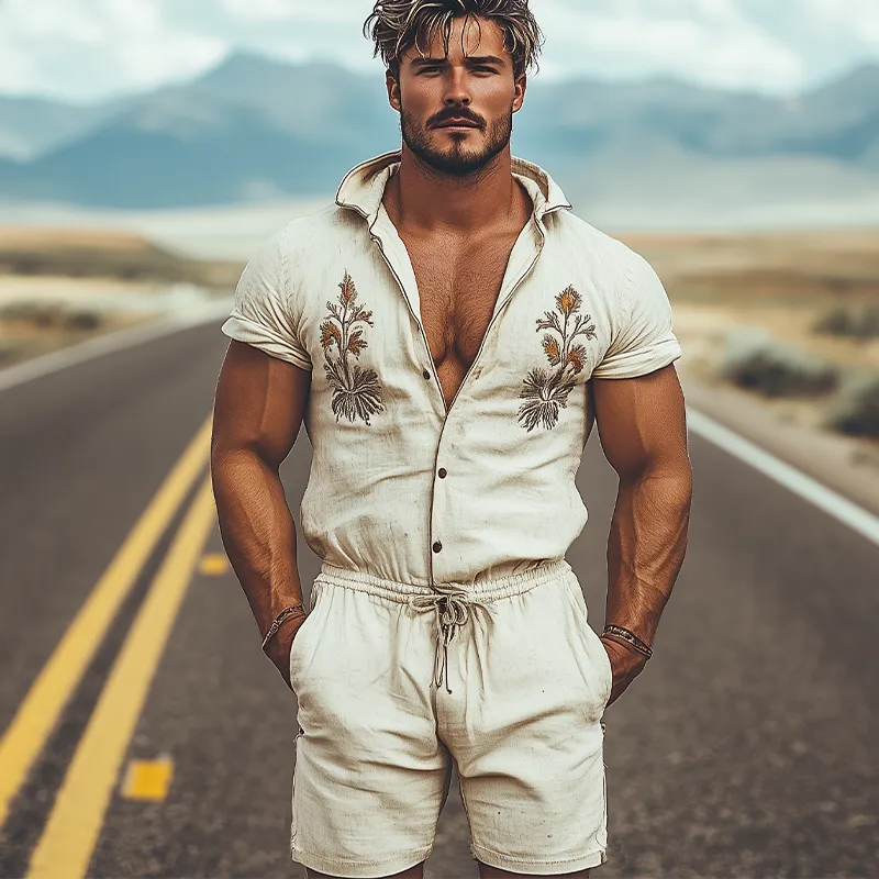 Men's Spring and Summer Fashion Western Style Hooded Shirt Cotton and Linen Embroidered Jumpsuit MTA1762D1K sold by Manly product image thumbnail 3