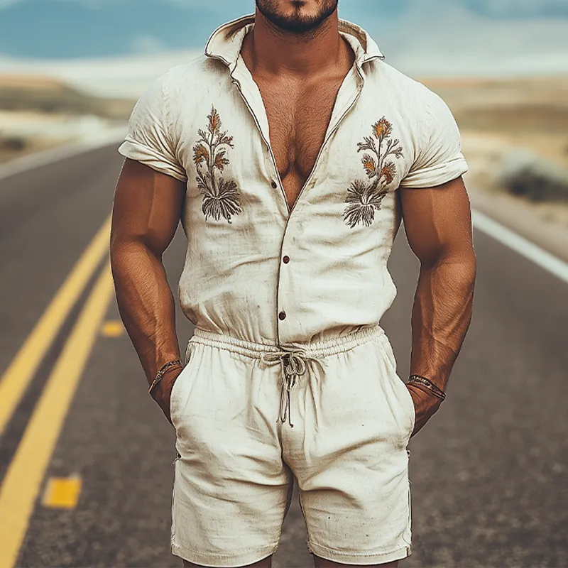Men's Spring and Summer Fashion Western Style Hooded Shirt Cotton and Linen Embroidered Jumpsuit MTA1762D1K sold by Manly product image thumbnail 2