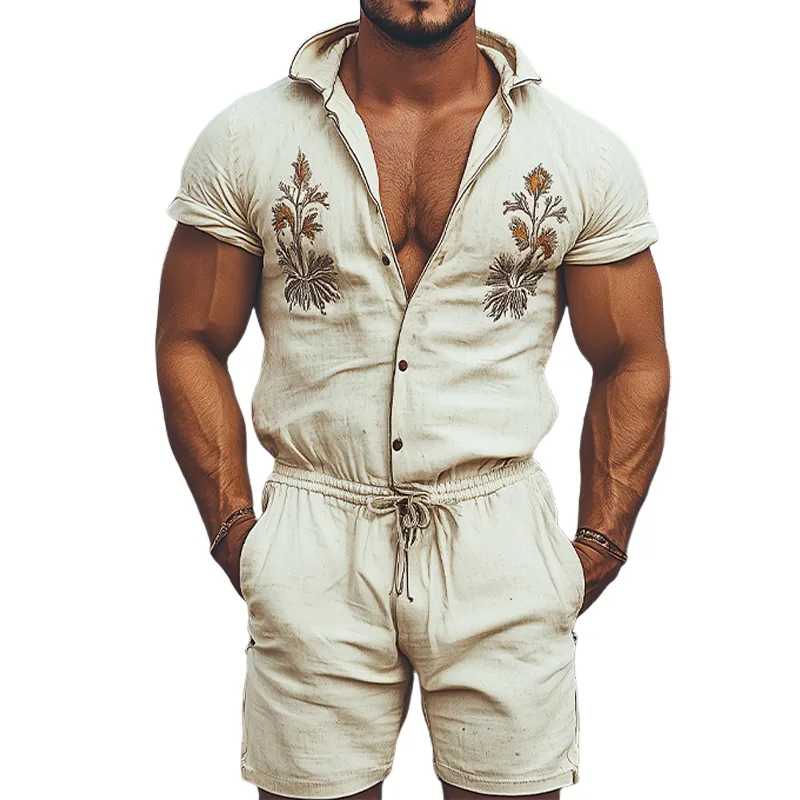 Men's Spring and Summer Fashion Western Style Hooded Shirt Cotton and Linen Embroidered Jumpsuit MTA1762D1K sold by Manly