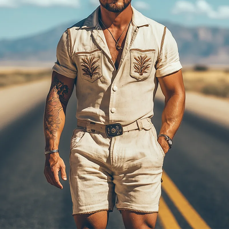 Men's Summer Fashion Casual Retro Western Style Cotton and Linen Pocket Embroidery Jumpsuit (Without Belt) MTA1742D4K sold by Manly product image thumbnail 2