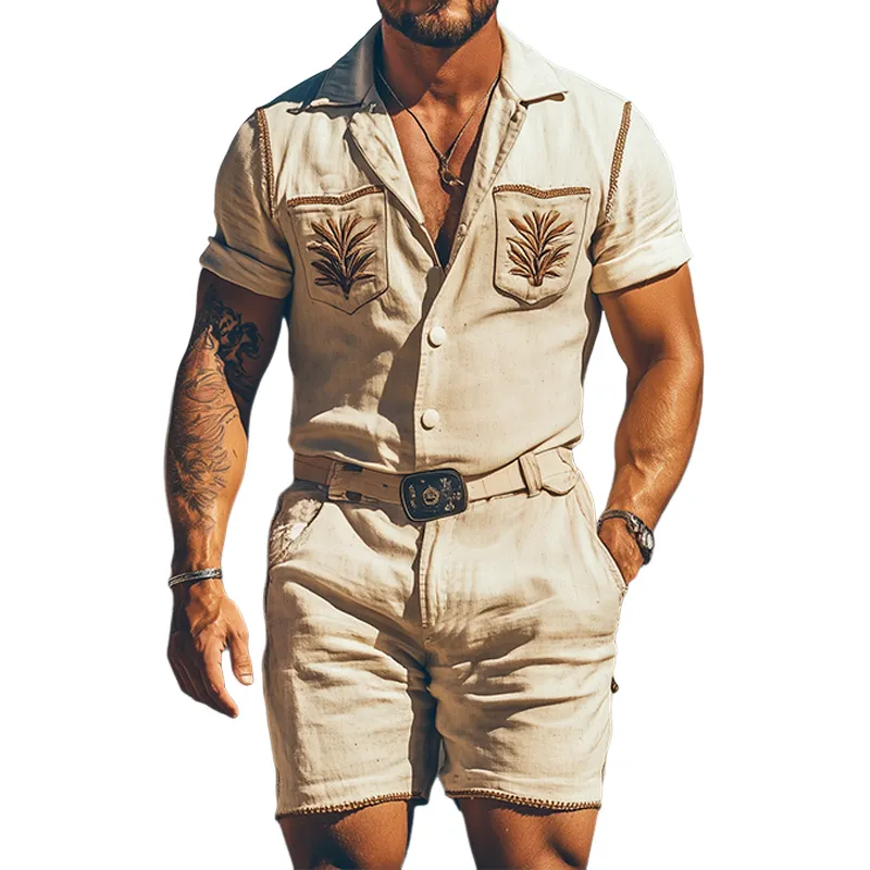 Men's Summer Fashion Casual Retro Western Style Cotton and Linen Pocket Embroidery Jumpsuit (Without Belt) MTA1742D4K sold by Manly