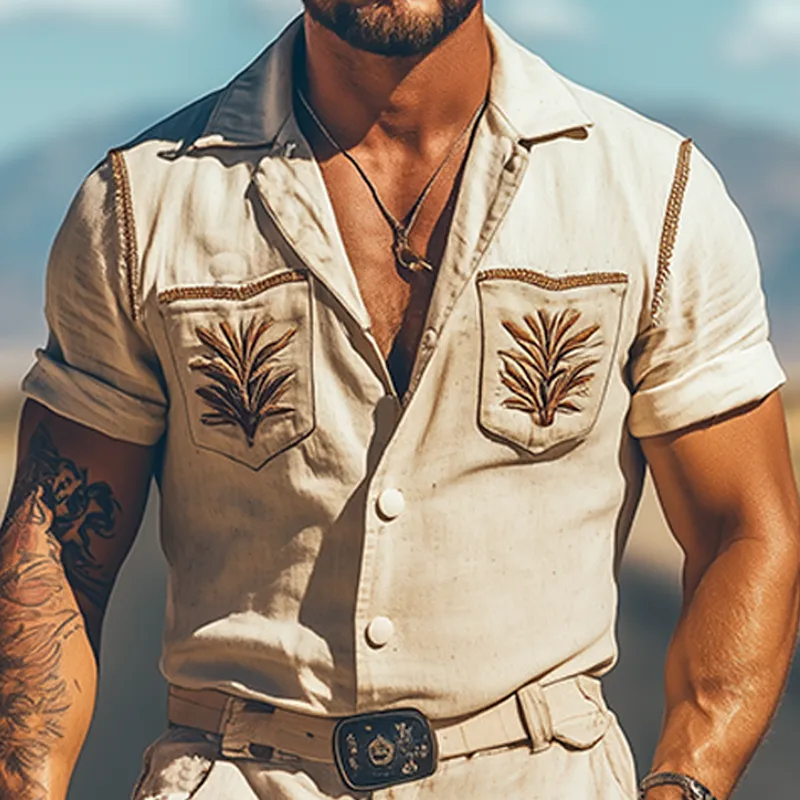 Men's Summer Fashion Casual Retro Western Style Cotton and Linen Pocket Embroidery Jumpsuit (Without Belt) MTA1742D4K sold by Manly product image thumbnail 4