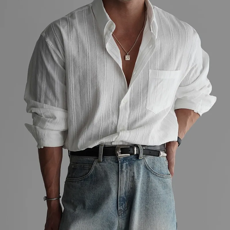 Men's Solid Striped Lapel long Sleeve Casual Shirt MTA1756D8Z sold by Manly product image thumbnail 2