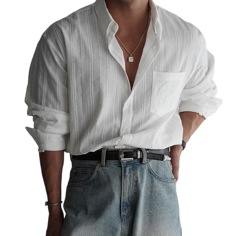 Men's Solid Striped Lapel long Sleeve Casual Shirt MTA1756D8Z sold by Manly