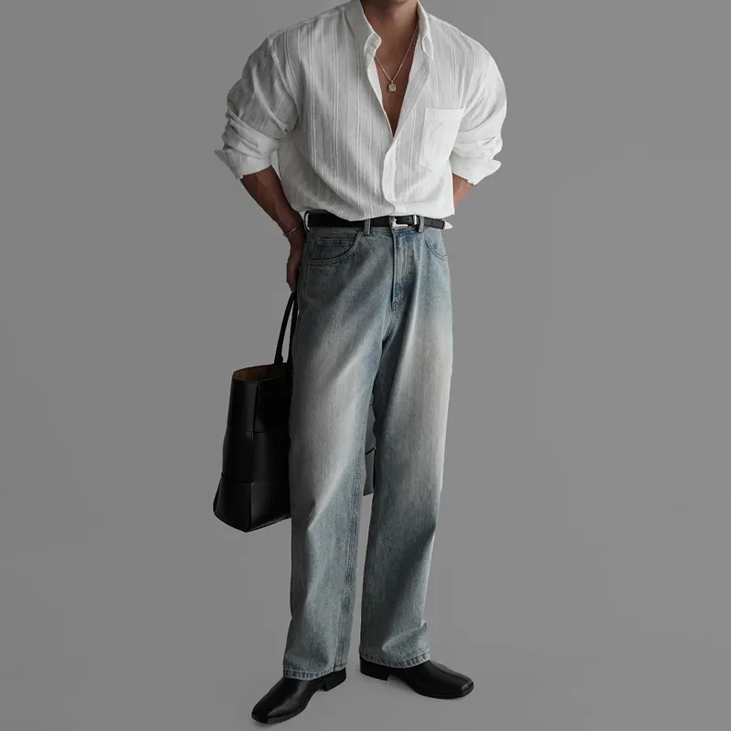 Men's Solid Striped Lapel long Sleeve Casual Shirt MTA1756D8Z sold by Manly product image thumbnail 3