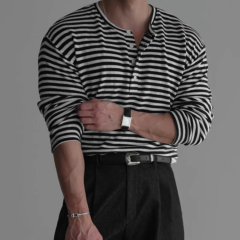 Men's Striped Henley Collar Long Sleeve T-shirt MTA1701D8Z sold by Manly product image thumbnail 2