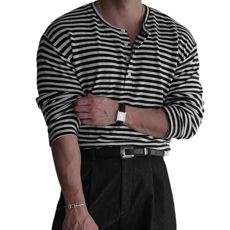 Men's Striped Henley Collar Long Sleeve T-shirt MTA1701D8Z sold by Manly