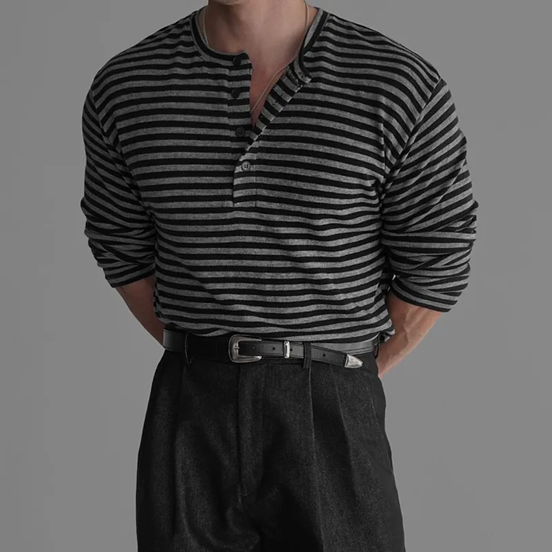 Men's Striped Henley Collar Long Sleeve T-shirt MTA1701D8Z sold by Manly product image thumbnail 3