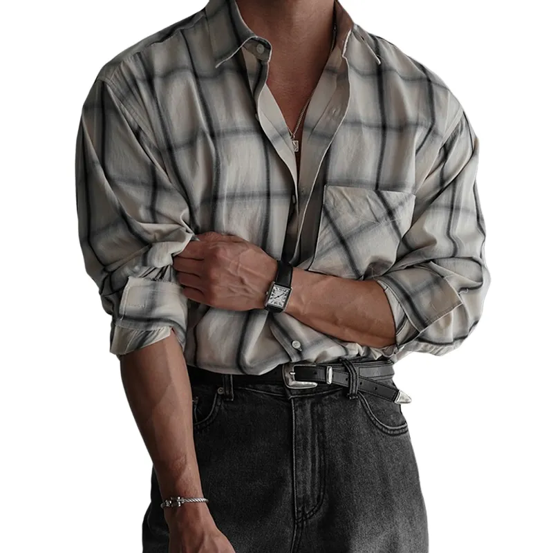 Men's Plaid Lapel Long Sleeve Chest Pocket Shirt MTA1796D1Z sold by Manly