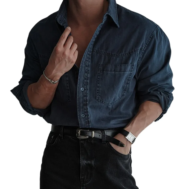 Men's Denim Washed Lapel Long Sleeve Chest Pocket Shirt MTA1793D2Z sold by Manly