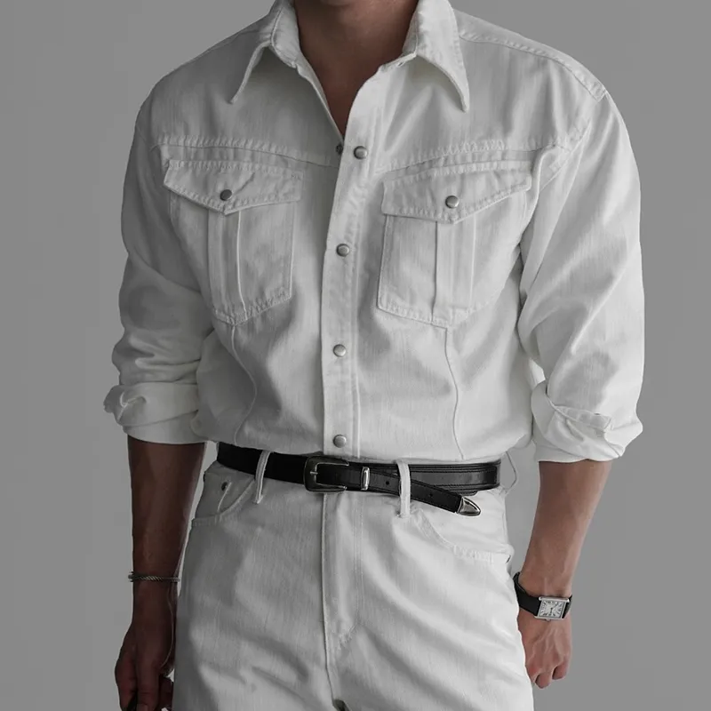 Men's Solid Color Lapel Long Sleeve Chest Pocket Shirt MTA1765D3Z sold by Manly product image thumbnail 2