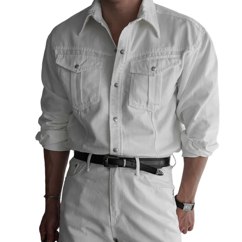 Men's Solid Color Lapel Long Sleeve Chest Pocket Shirt MTA1765D3Z sold by Manly