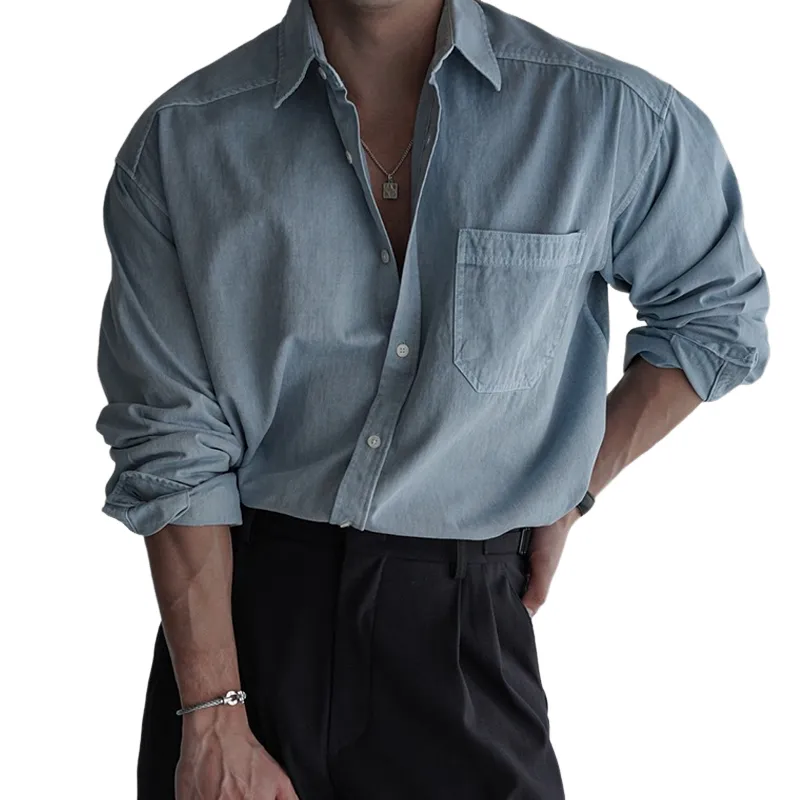 Men's Solid Color Washed Lapel Long Sleeve Chest Pocket Shirt MTA1773D6Z sold by Manly